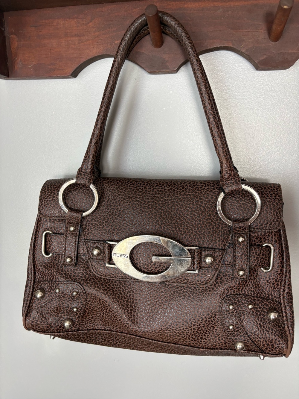 GUESS Dark Brown Pebbled Leather Shoulder Bag with Silver Hardware